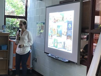 Third graders listen to a presentation from author Lauren Castillo
